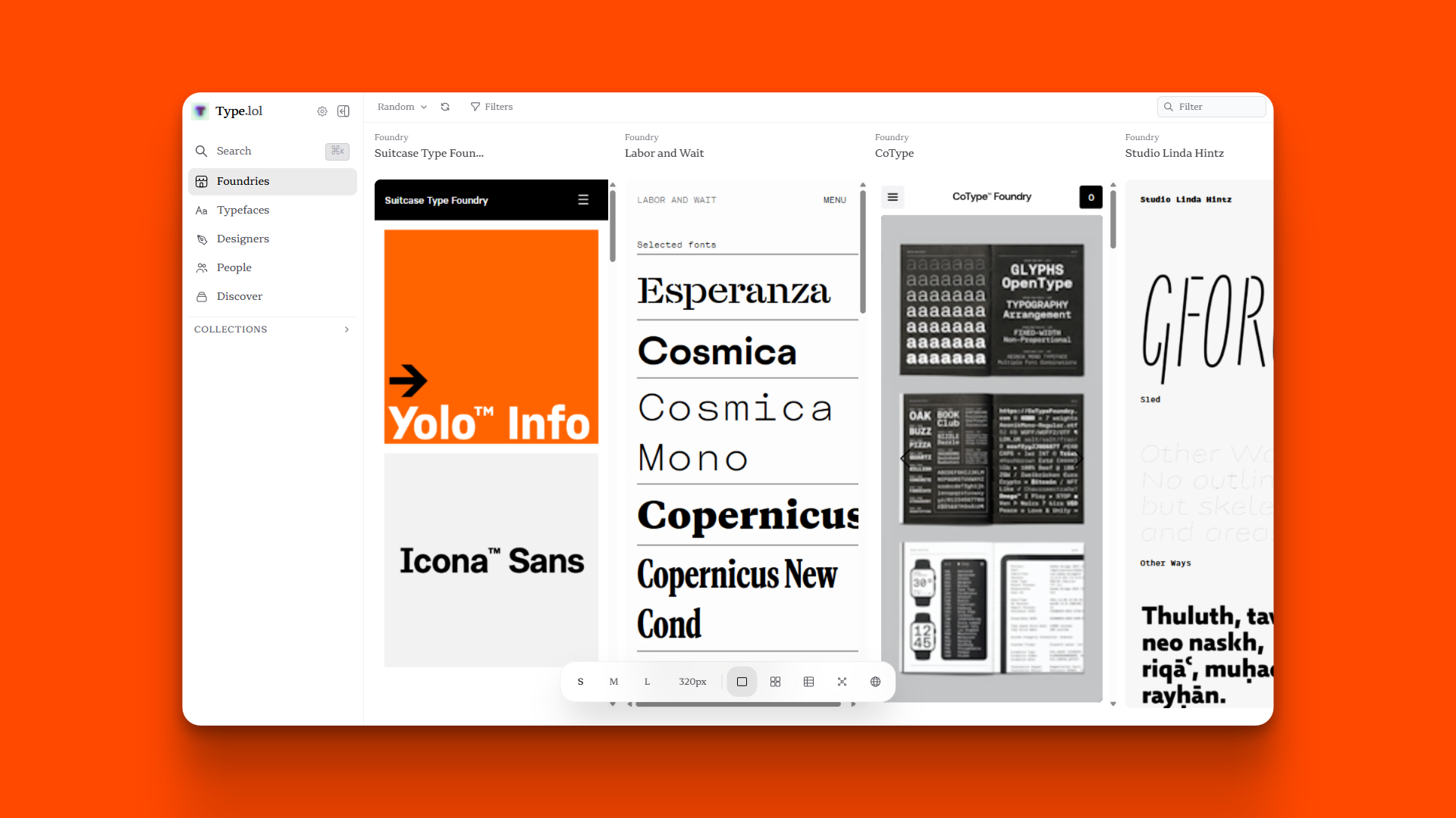 A screenshot of the Type.lol platform displaying several columns of type foundries and font specimens, including Suitcase Type Foundry, Labor and Wait, and CoType.