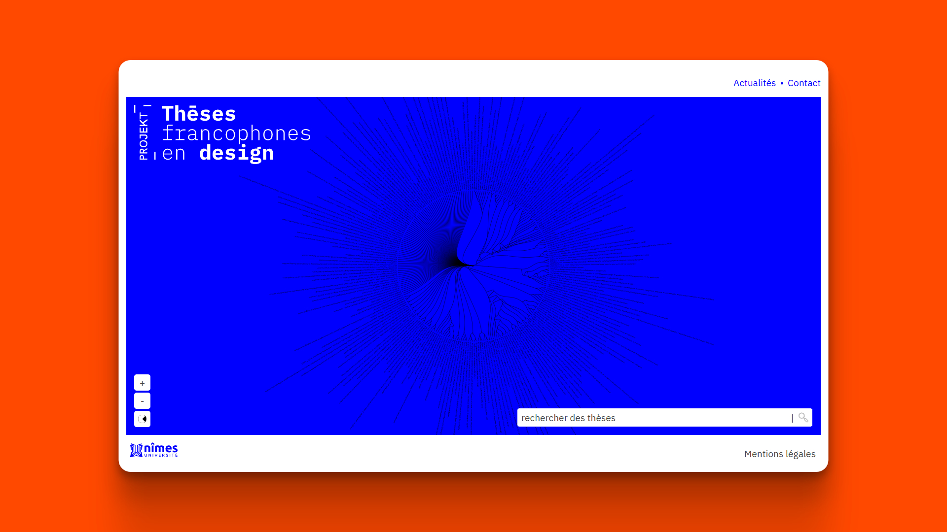 A screenshot of the &amp;amp;quot;Thèses francophones en design&amp;amp;quot; project website, showing a blue generative visualization interface with a search field.
