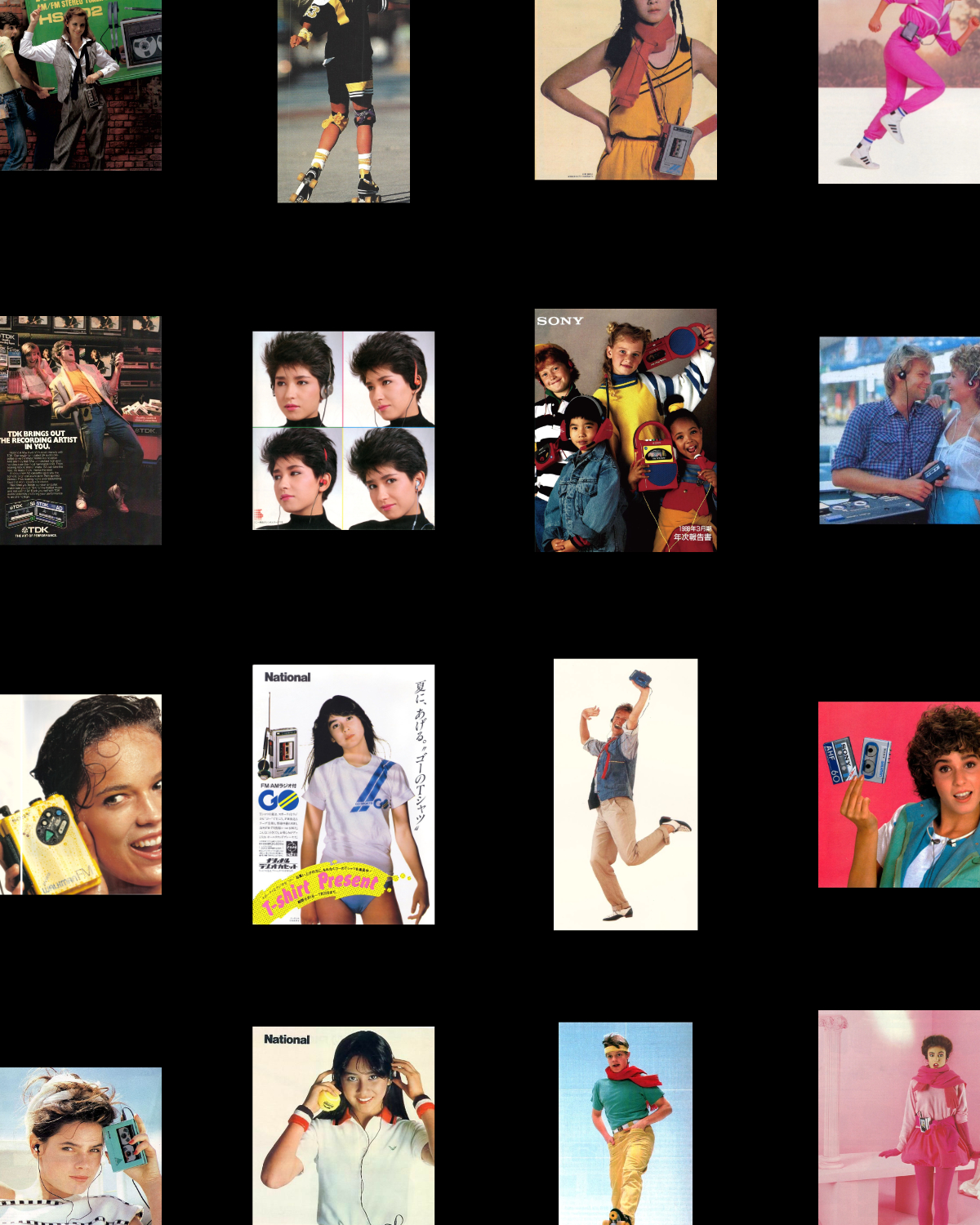 A grid of 16 vintage Walkman advertisements from the 1980s and early 2000s, featuring colorful product photography and retro fashion styling.