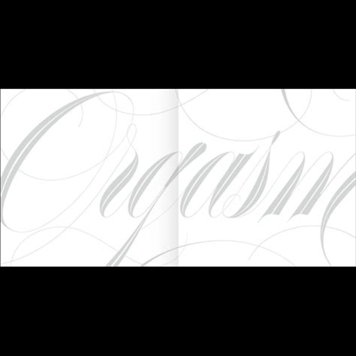 A light close-up of the word “Orgasm” set in the Erotica script typeface, featuring elegant curves and extended swashes across the page fold.