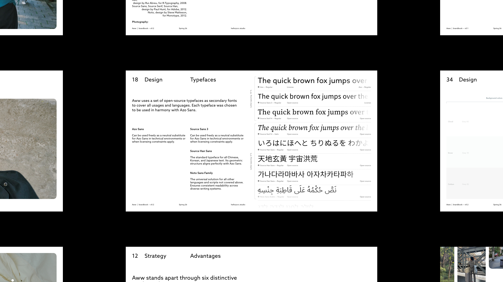 A screenshot of the typography spread from the upcoming Aww brandbook, showcasing open-source typefaces selected for multilingual support including Arabic, Hebrew, and CJK scripts.