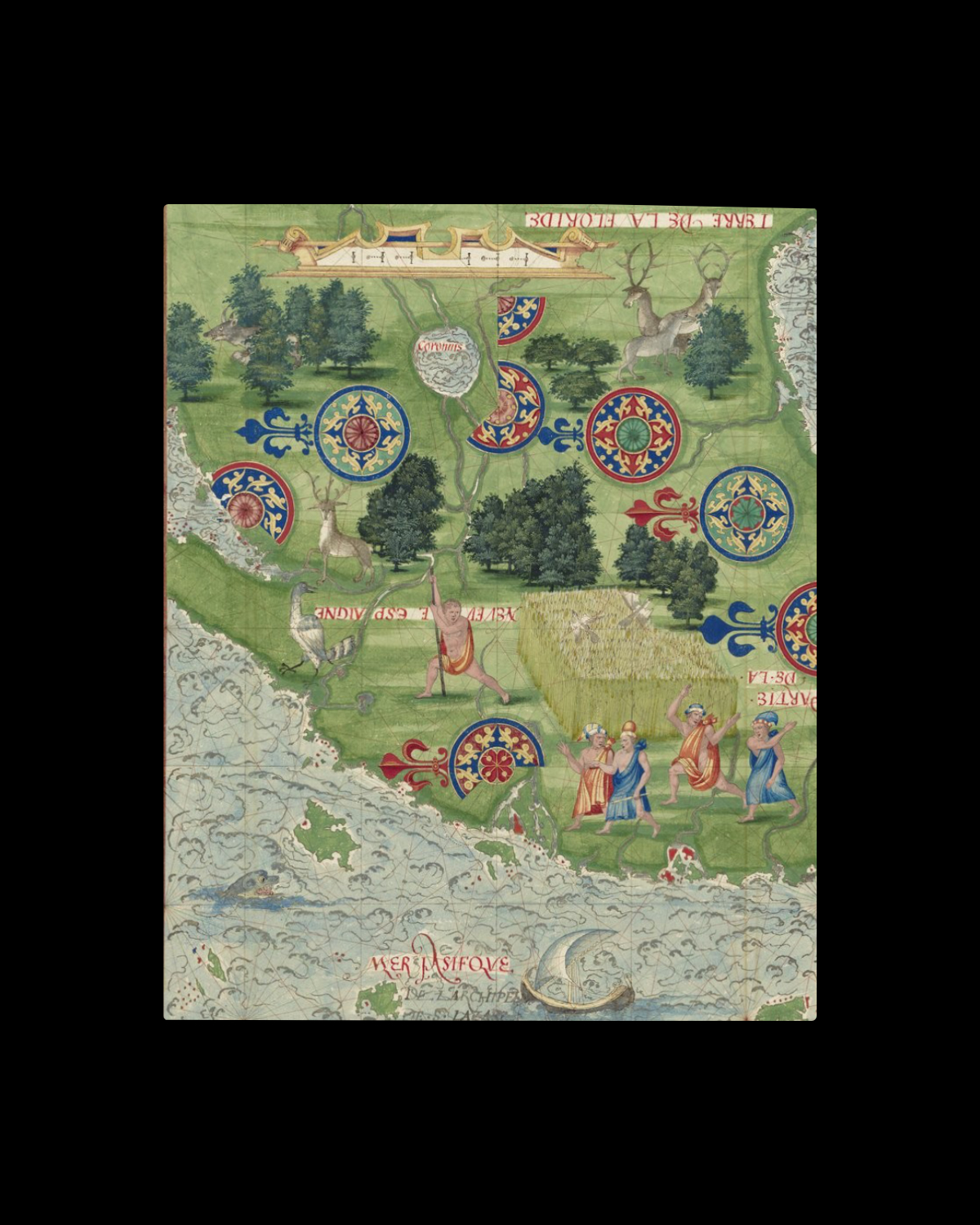 A screenshot of a hand-drawn 16th-century map detail by Guillaume Le Testu, depicting green landscapes, sailing ships, and ornate cartographic elements.