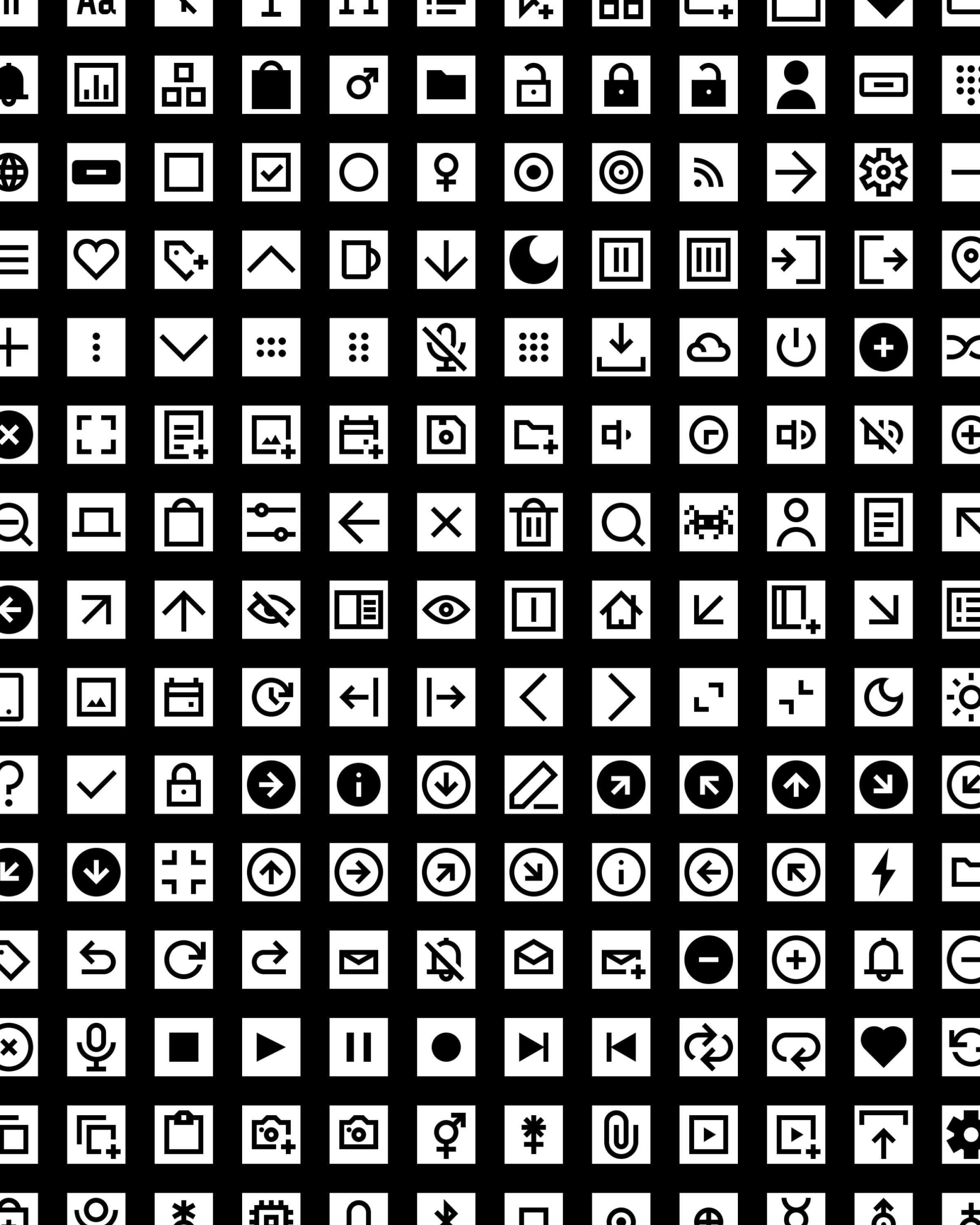 A grid display of the Monico icon pack, featuring 300+ black-and-white vector icons on a dark background. The collection includes UI essentials, arrows, media controls, social symbols, and system indicators, all designed in a consistent, modular style for web and app integration.