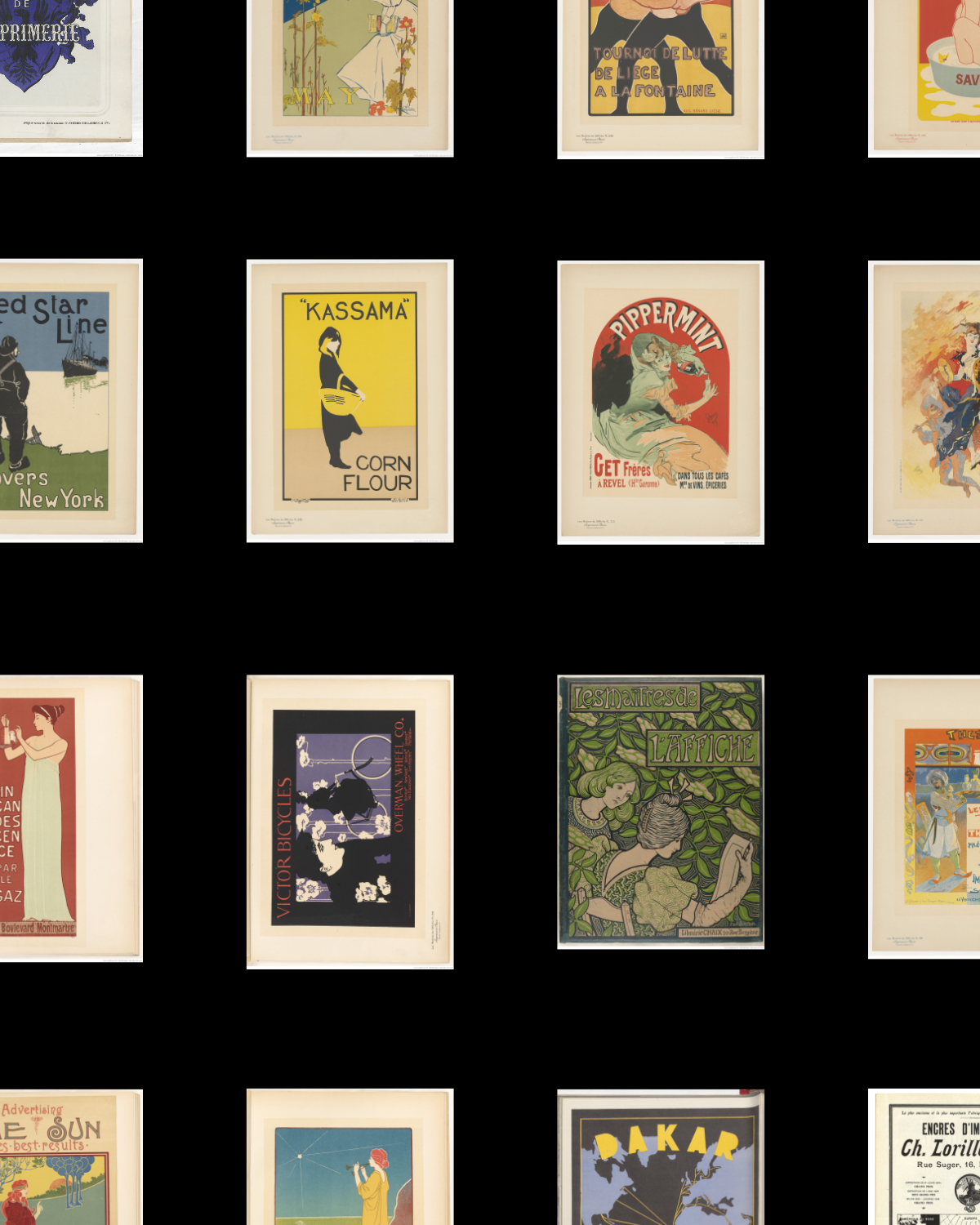 A grid of vintage French posters from the Gallica archive, featuring Art Nouveau and Art Deco typography with bold colors and illustrative compositions.