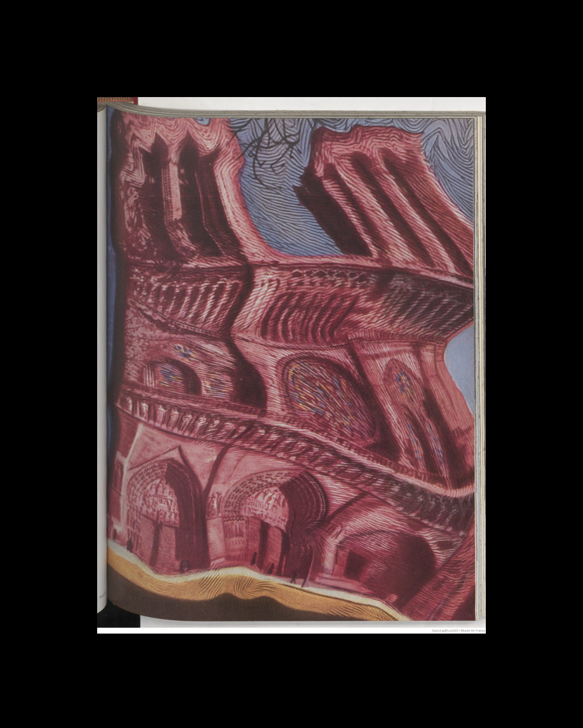 A photo of an open book page displaying a stylized, red-toned illustration of a cathedral exterior, showcasing historic graphic design techniques.