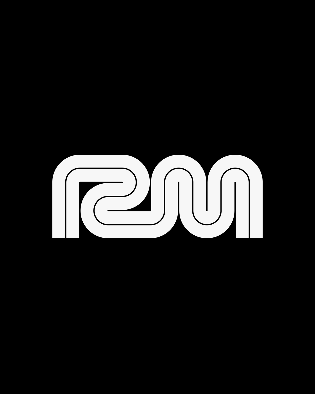A minimalist Roadmapper logo design featuring a continuous white line forming the letters R and M on a black background.
